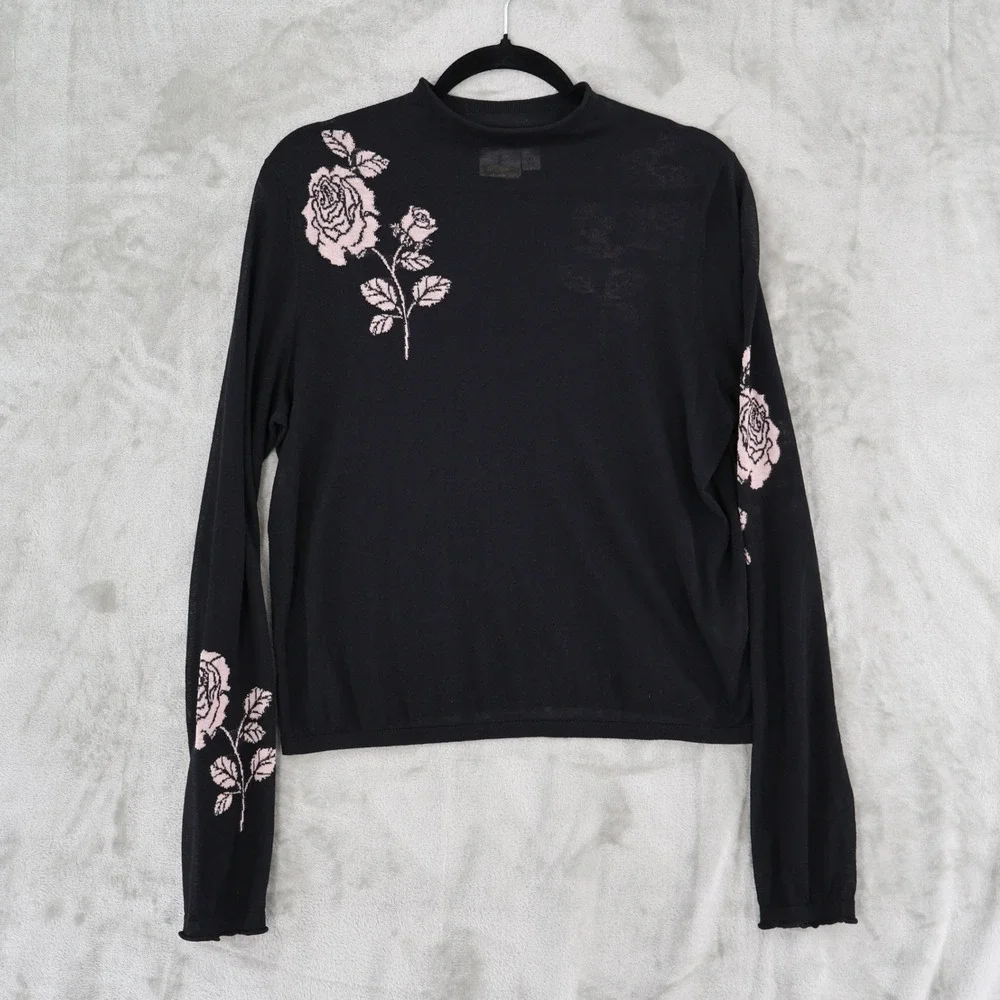 Black Rose-Embroidered Lightweight Sweater - Picture 2 of 16